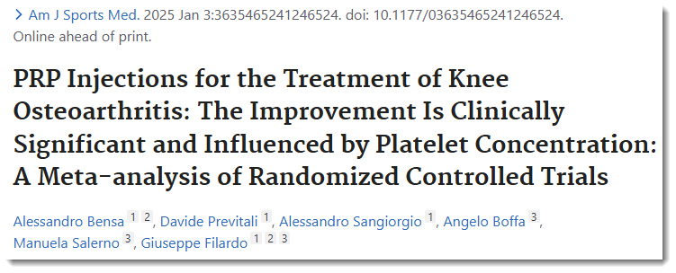 En ny Metastudie (2025) för PRP visar statistisk överlägsen förbättring på VAS och WOMAC jämfört med placebo för artros av knäleden
